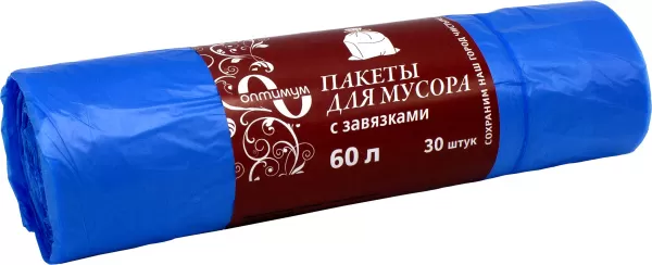 Мешки для мусора с завязкой 60 л, 10 мкм, ПНД, синие, в рулоне 30 шт